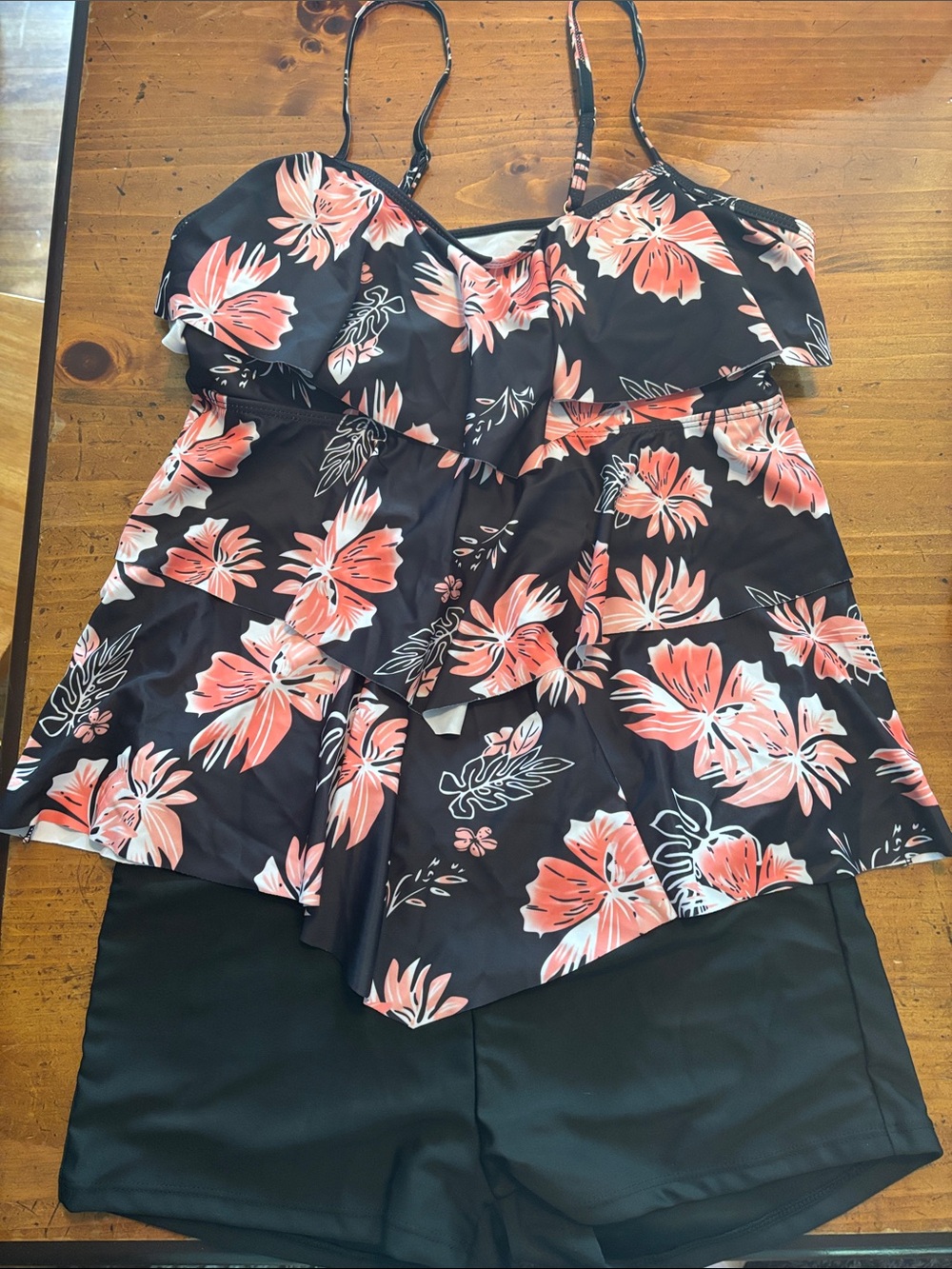 Black Floral Tiered Tankini Top with Black Swim Shorts